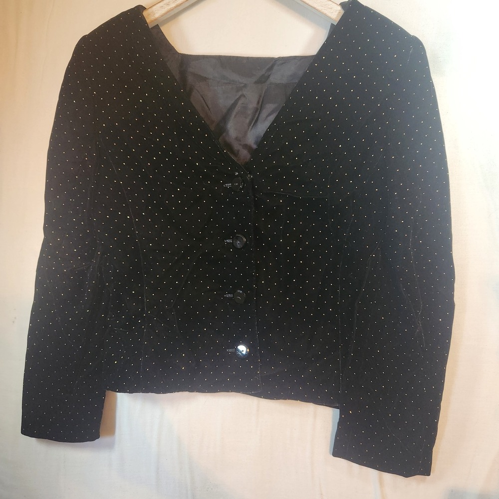 Albert Nipon Vintage Black Velvet Gold Polka Dot Jacket low back, buttons 80s